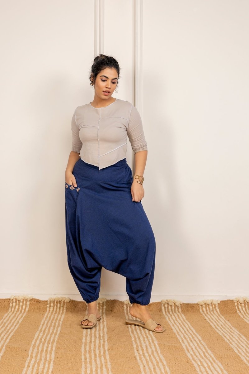 Bohemian Harem Pants with Side Patch - Navy Blue | Yoga Wear | Casual Wear - swadeshsouq.com