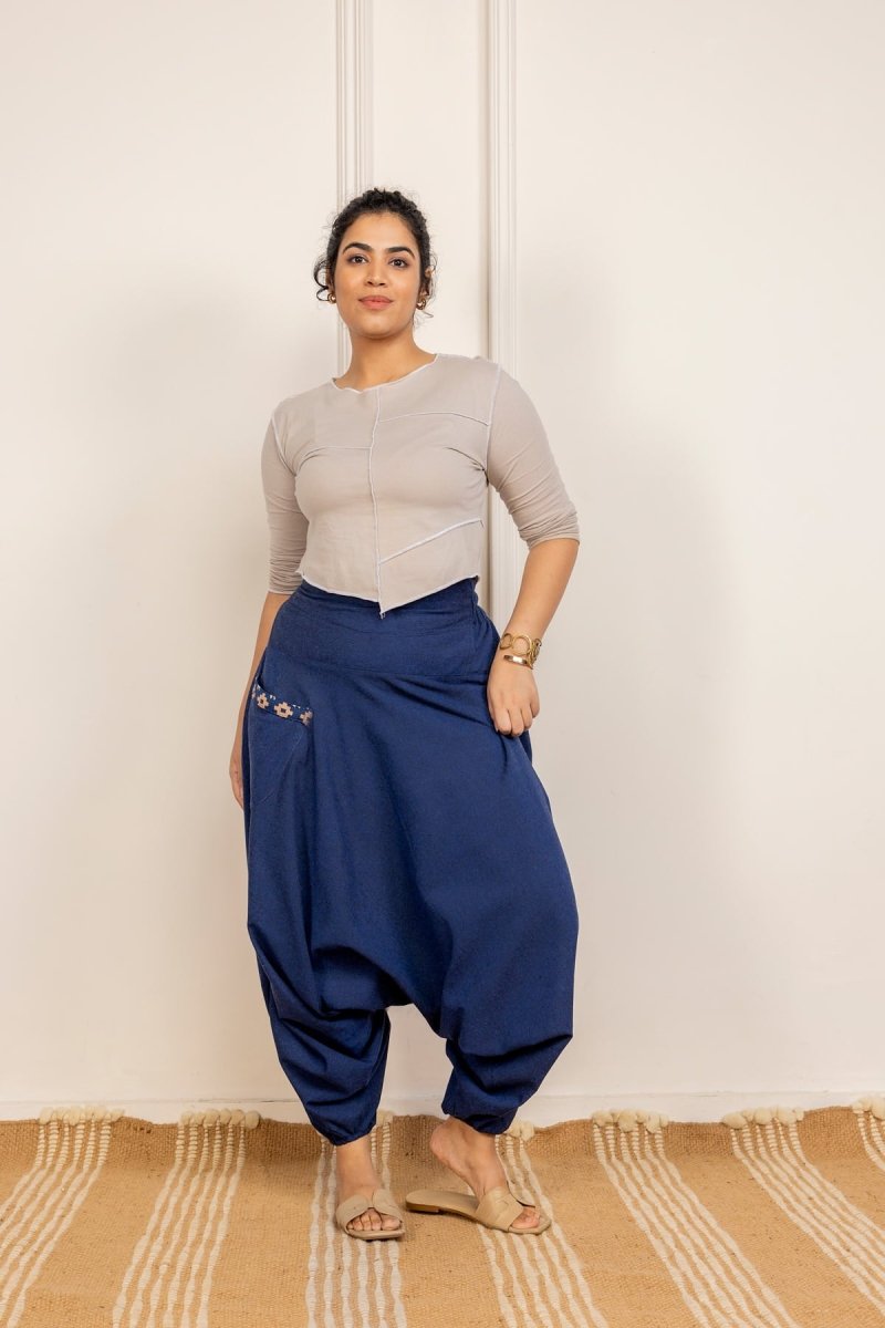 Bohemian Harem Pants with Side Patch - Navy Blue | Yoga Wear | Casual Wear - swadeshsouq.com