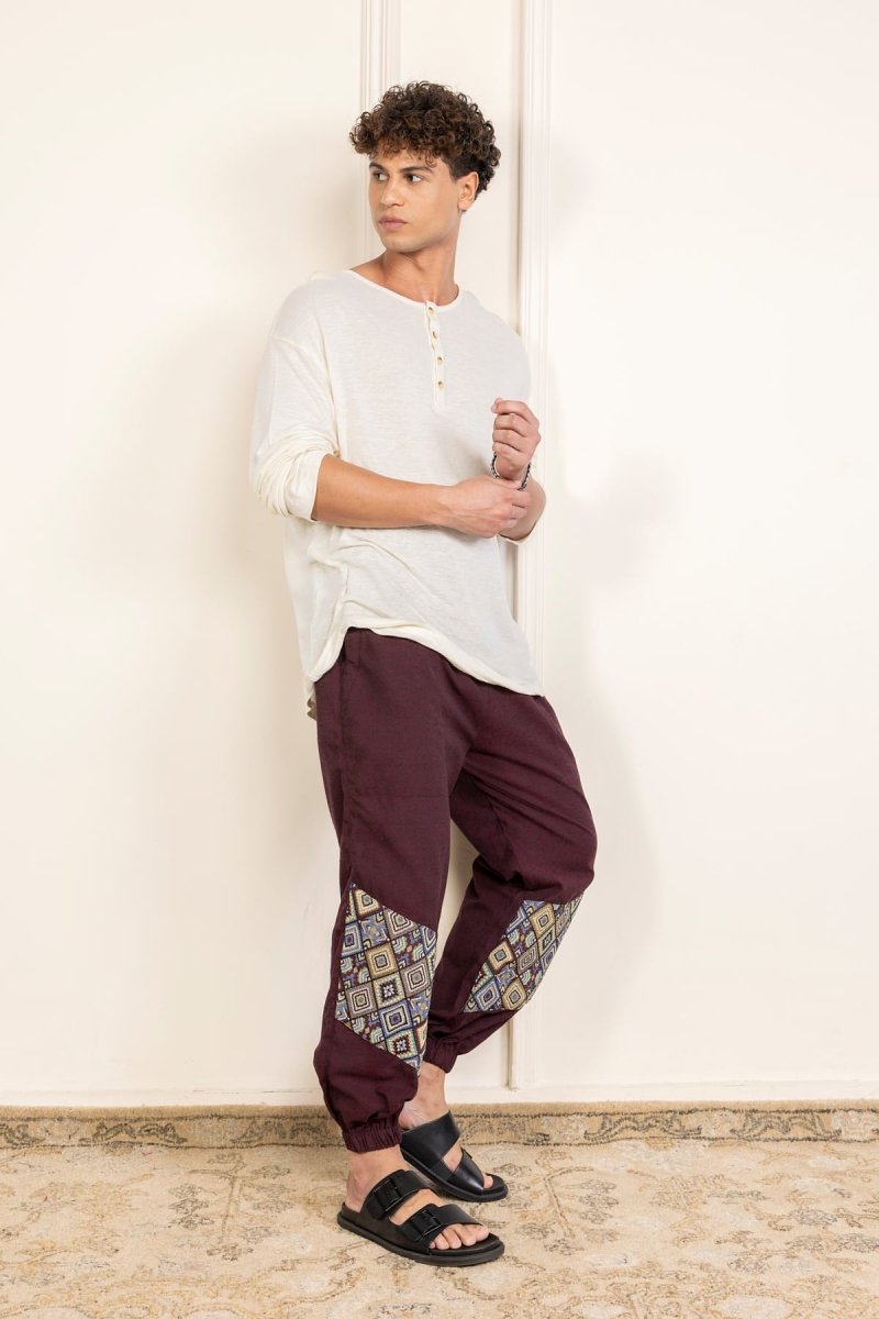 Bohemian Patchwork Joggers - Deep Maroon | Yoga Wear - swadeshsouq.com