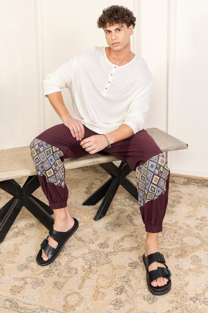 Bohemian Patchwork Joggers - Deep Maroon | Yoga Wear - swadeshsouq.com