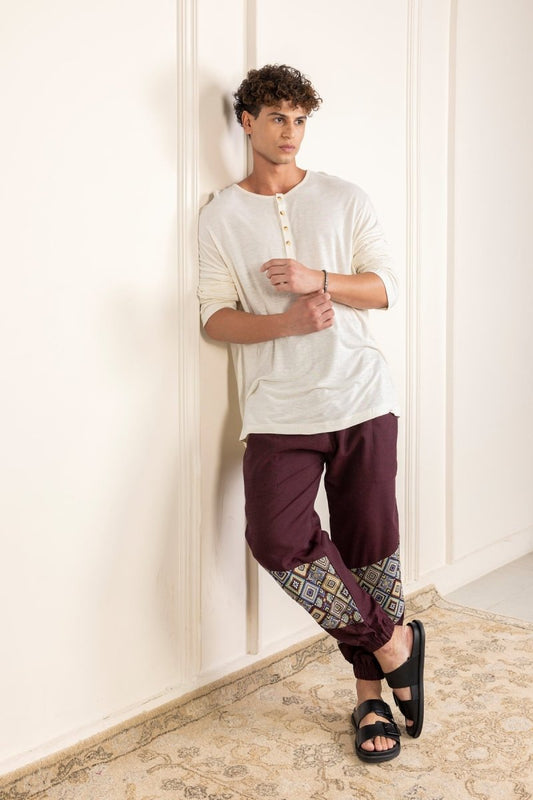 Bohemian Patchwork Joggers - Deep Maroon | Yoga Wear - swadeshsouq.com