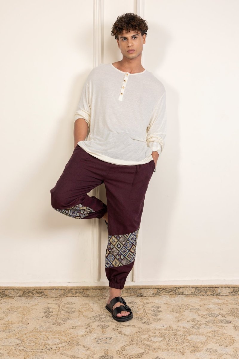 Bohemian Patchwork Joggers - Deep Maroon | Yoga Wear - swadeshsouq.com