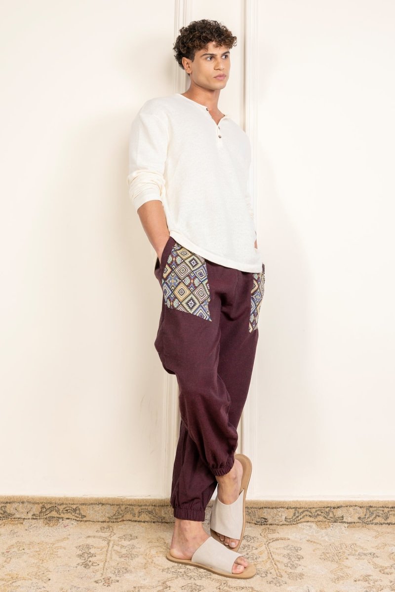 Bohemian Patchwork Joggers | Maroon - swadeshsouq.com