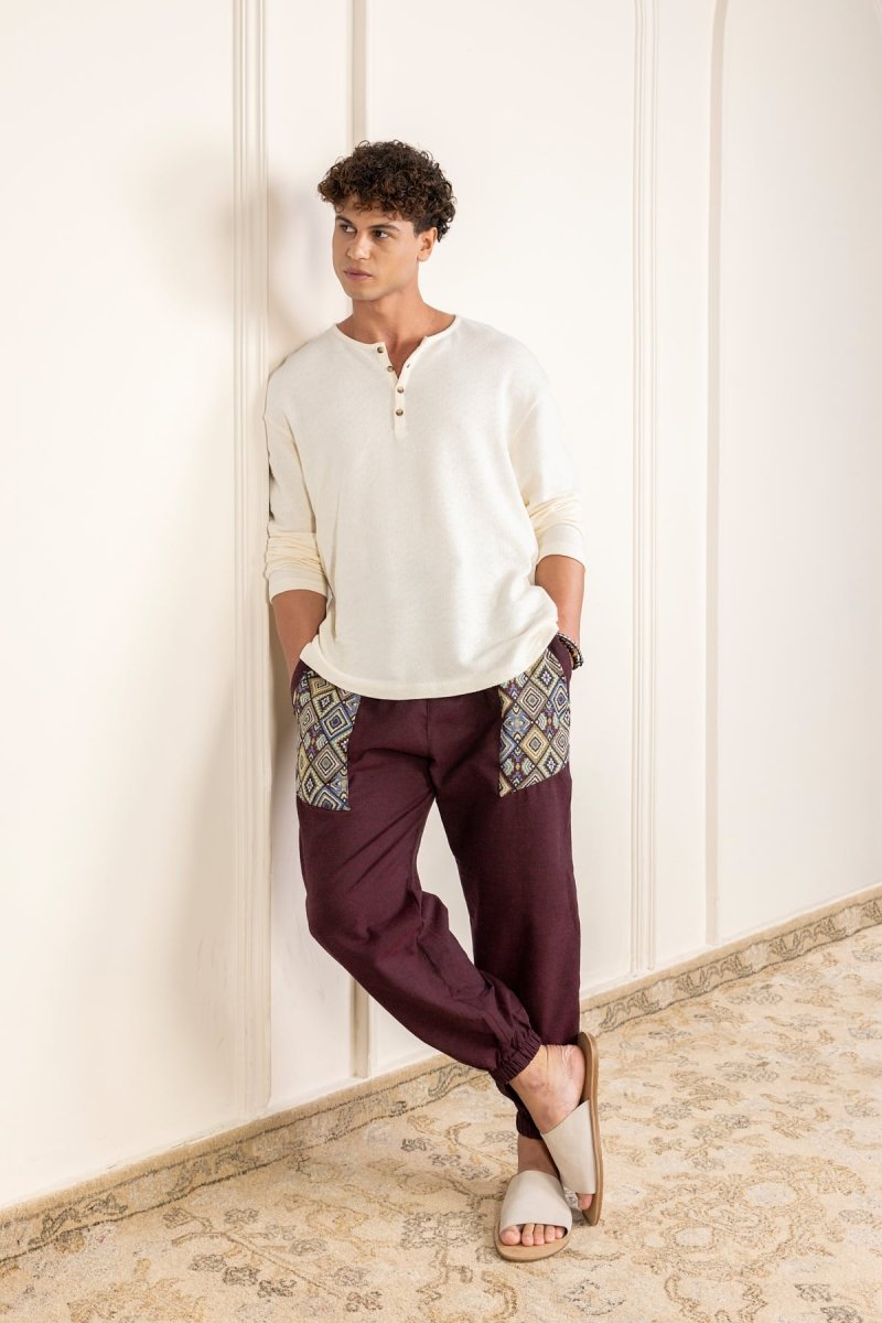 Bohemian Patchwork Joggers | Maroon - swadeshsouq.com