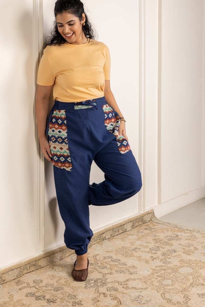 Boho Stripe Patchwork Joggers - Midnight Blue | Yoga Wear | Casual Wear - swadeshsouq.com