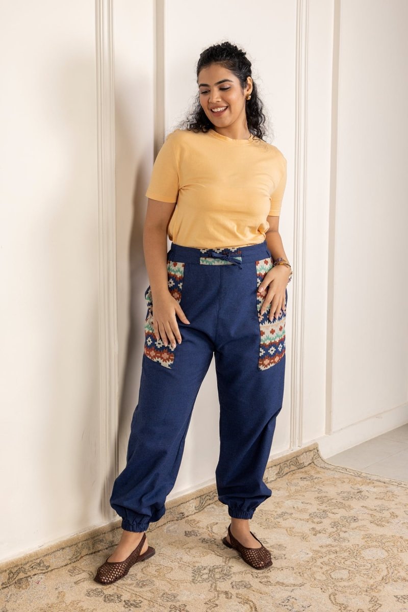 Boho Stripe Patchwork Joggers - Midnight Blue | Yoga Wear | Casual Wear - swadeshsouq.com