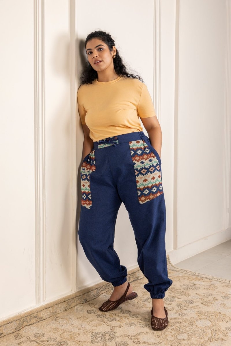 Boho Stripe Patchwork Joggers - Midnight Blue | Yoga Wear | Casual Wear - swadeshsouq.com