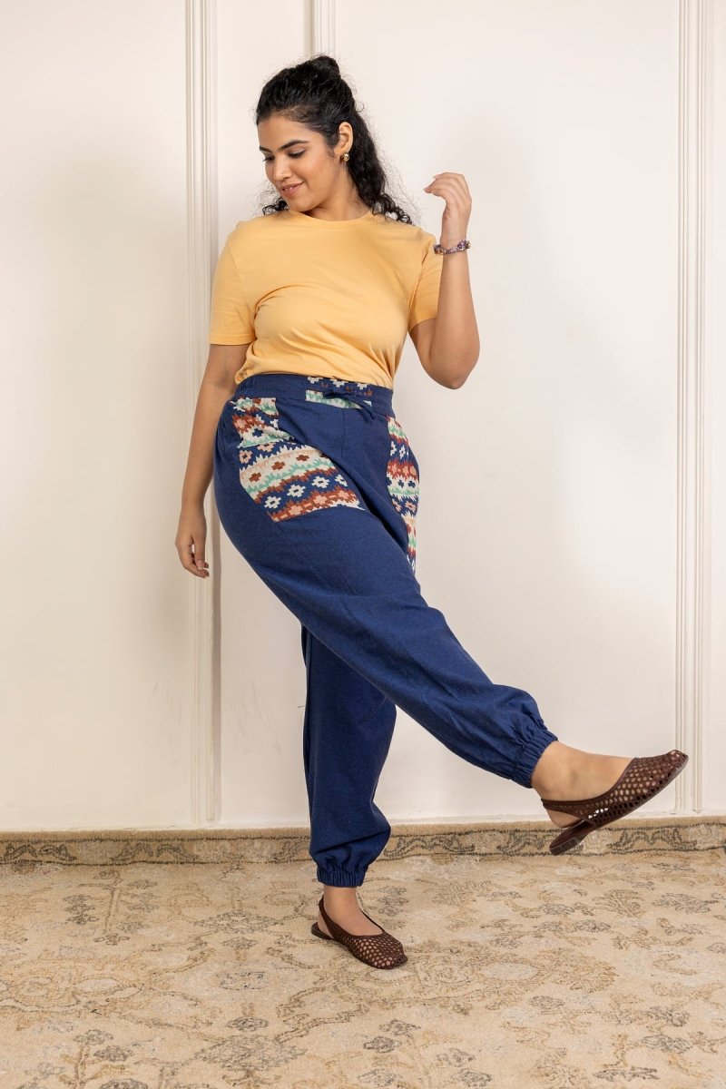 Boho Stripe Patchwork Joggers - Midnight Blue | Yoga Wear | Casual Wear - swadeshsouq.com