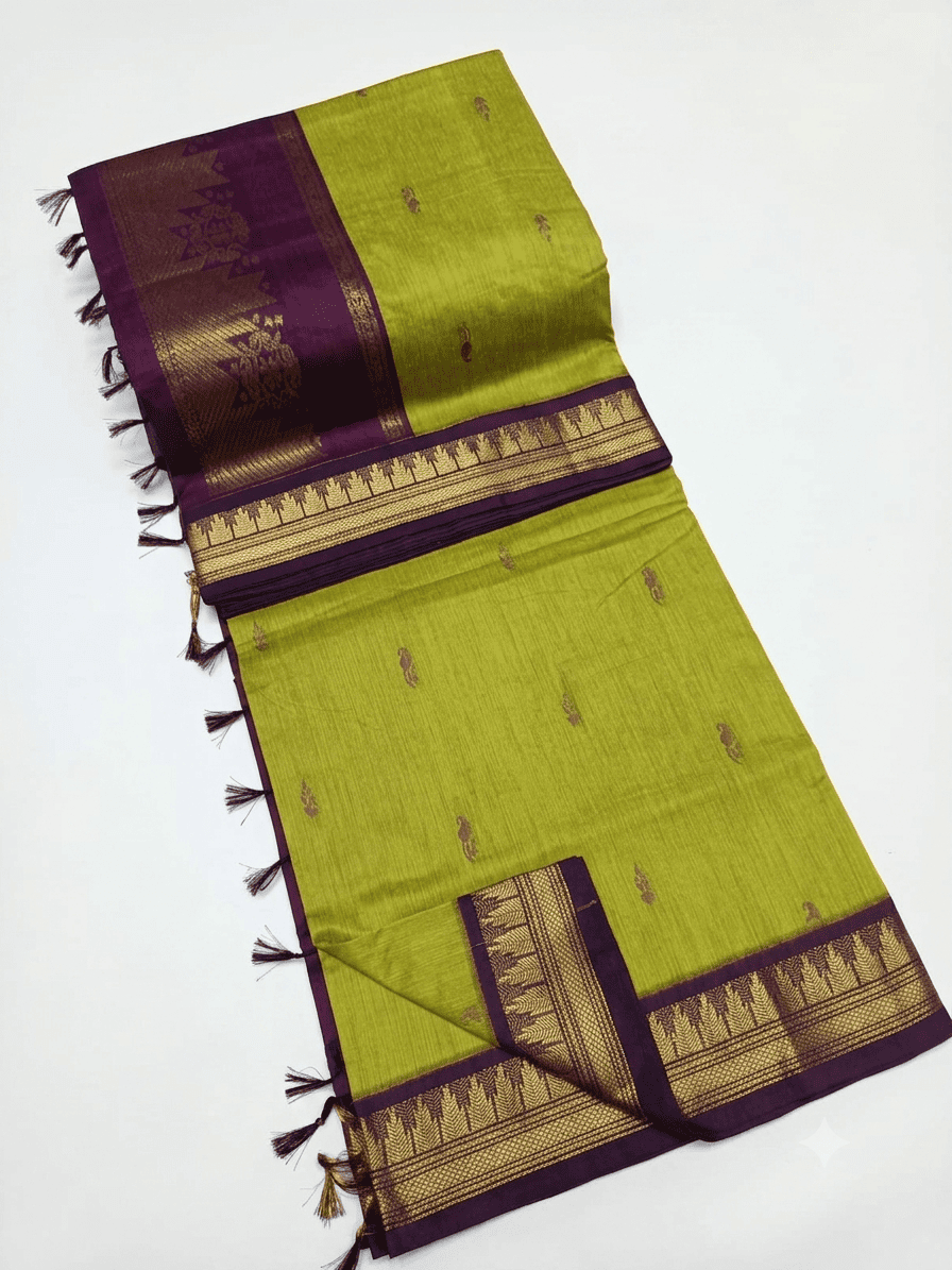 Elegant Lime Green & Purple Kalyani Cotton Saree with Beautiful Zari Woven Border