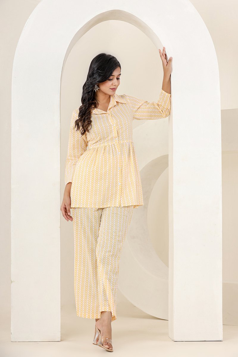 Bright Yellow Printed Cotton Co - Ord Set - swadeshsouq.com