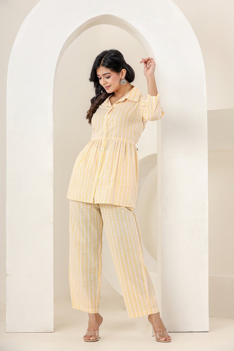 Bright Yellow Printed Cotton Co - Ord Set - swadeshsouq.com