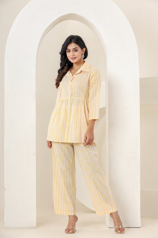 Bright Yellow Printed Cotton Co - Ord Set - swadeshsouq.com