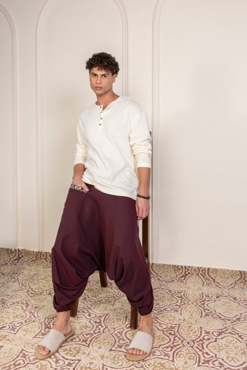 Burgundy Cotton Harem Pants for Men with Stylish Patchwork – Relaxed Fit, Trendy Lounge Wear - swadeshsouq.com