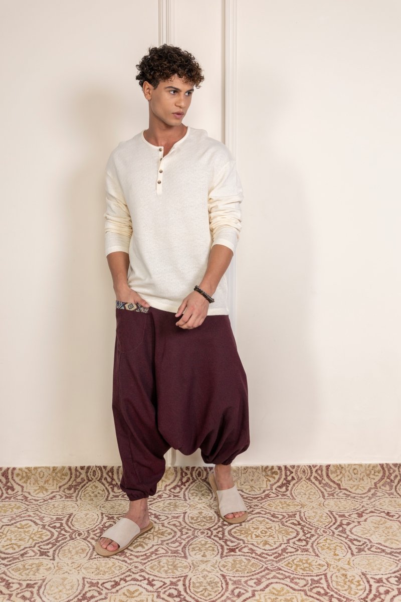 Burgundy Cotton Harem Pants for Men with Stylish Patchwork – Relaxed Fit, Trendy Lounge Wear - swadeshsouq.com