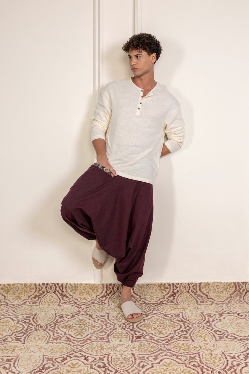 Burgundy Cotton Harem Pants for Men with Stylish Patchwork – Relaxed Fit, Trendy Lounge Wear - swadeshsouq.com