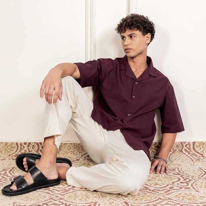 Burgundy Men’s Half Sleeve | Casual | Box Fit | Cuban Collar Shirt - swadeshsouq.com