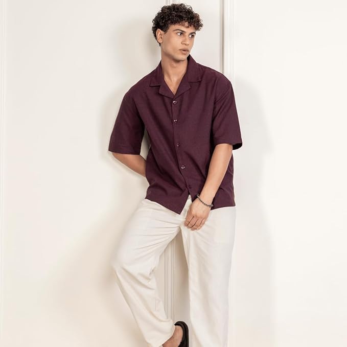 Burgundy Men’s Half Sleeve | Casual | Box Fit | Cuban Collar Shirt - swadeshsouq.com