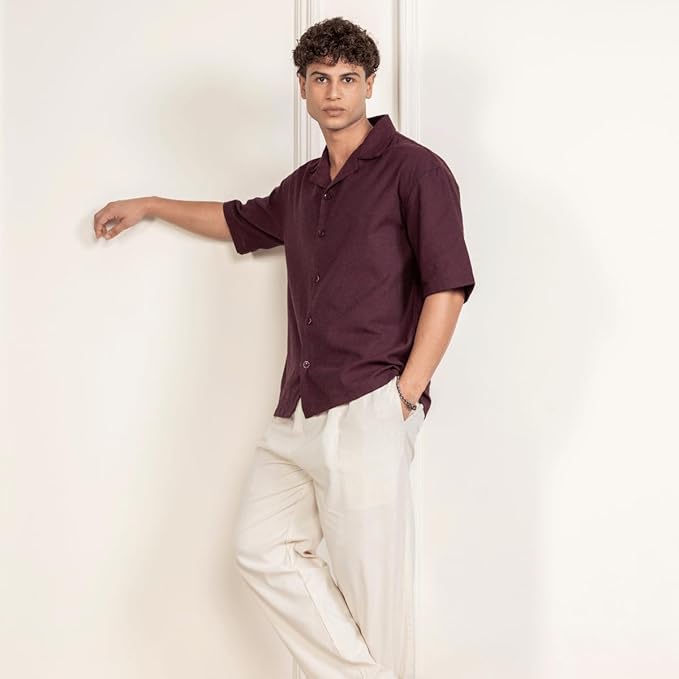 Burgundy Men’s Half Sleeve | Casual | Box Fit | Cuban Collar Shirt - swadeshsouq.com