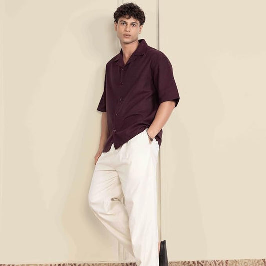 Burgundy Men’s Half Sleeve | Casual | Box Fit | Cuban Collar Shirt - swadeshsouq.com