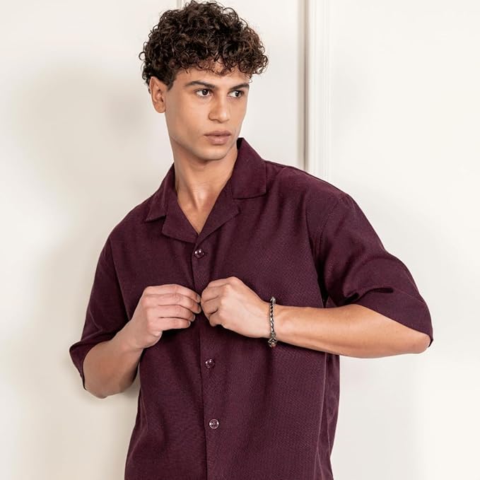 Burgundy Men’s Half Sleeve | Casual | Box Fit | Cuban Collar Shirt - swadeshsouq.com