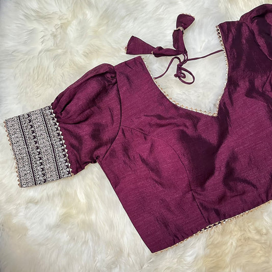 Burgundy Silk Blouse with Puff Sleeves – Adjustable Fit (32 to 38) - swadeshsouq.com