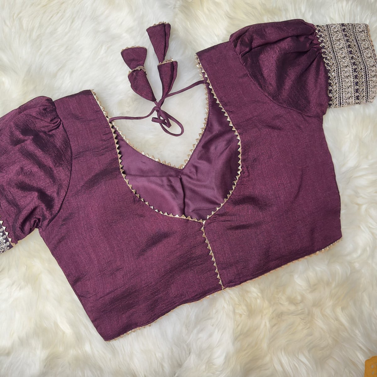 Burgundy Silk Blouse with Puff Sleeves – Adjustable Fit (32 to 38) - swadeshsouq.com