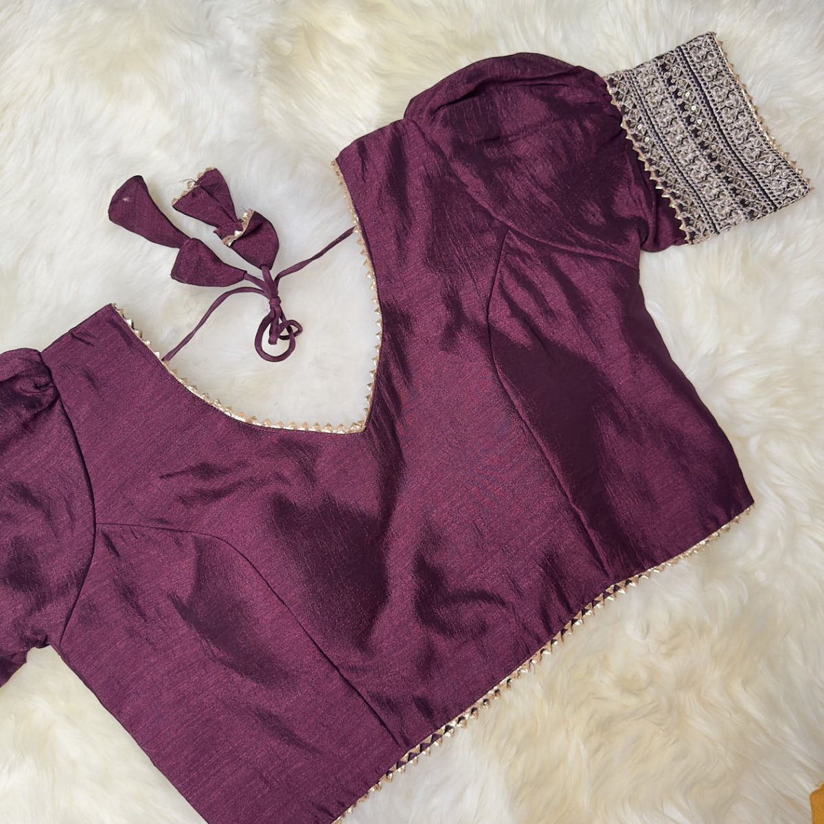 Burgundy Silk Blouse with Puff Sleeves – Adjustable Fit (32 to 38) - swadeshsouq.com