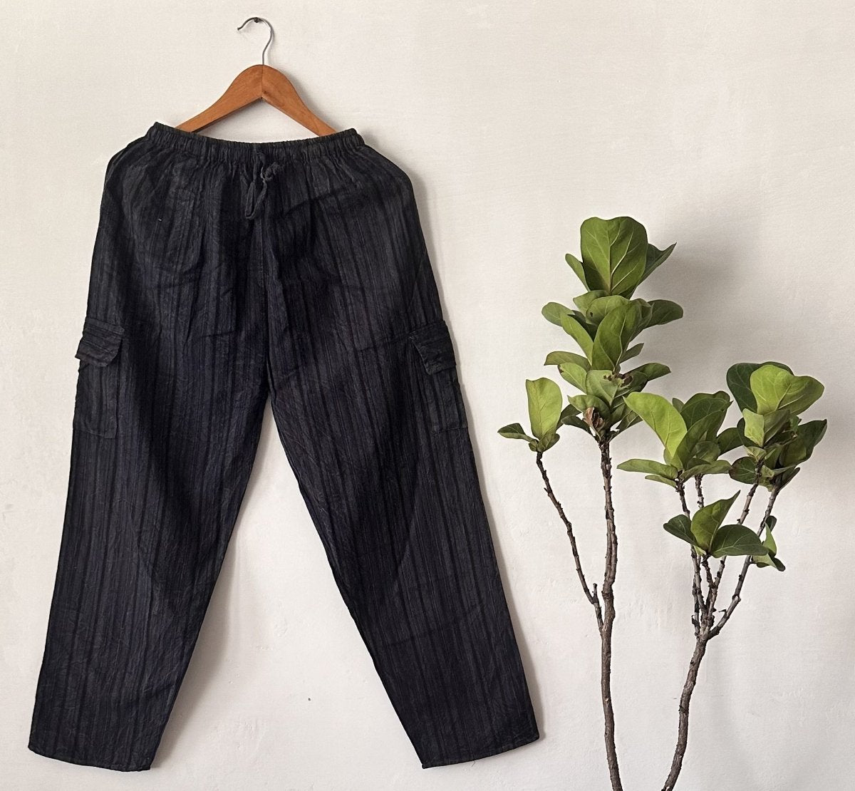 Charcoal Black Striped Cotton Pyjama Pants | Naturally Dyed Relaxed Fit with Utility Pockets - swadeshsouq.com