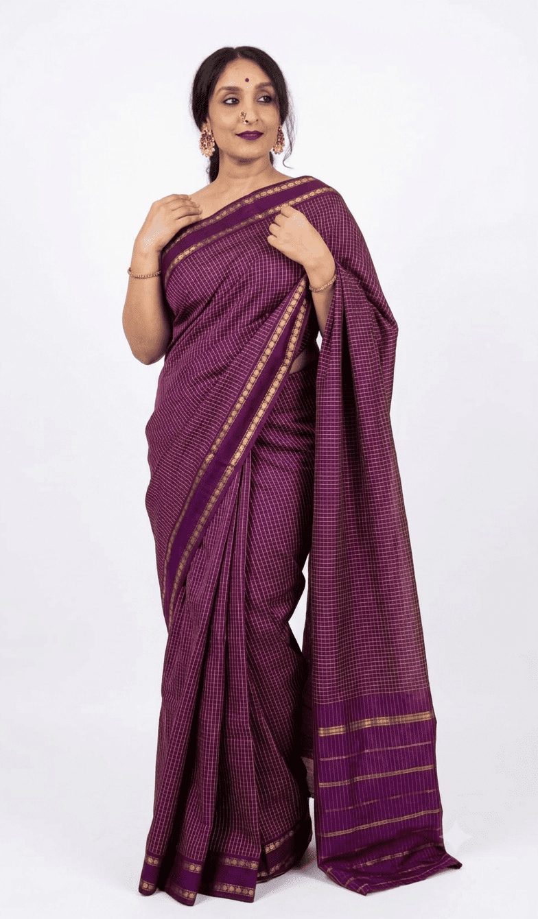Elegant Purple Kalyani Silk Cotton Saree with All-Over Checks & Repeated Zari Border