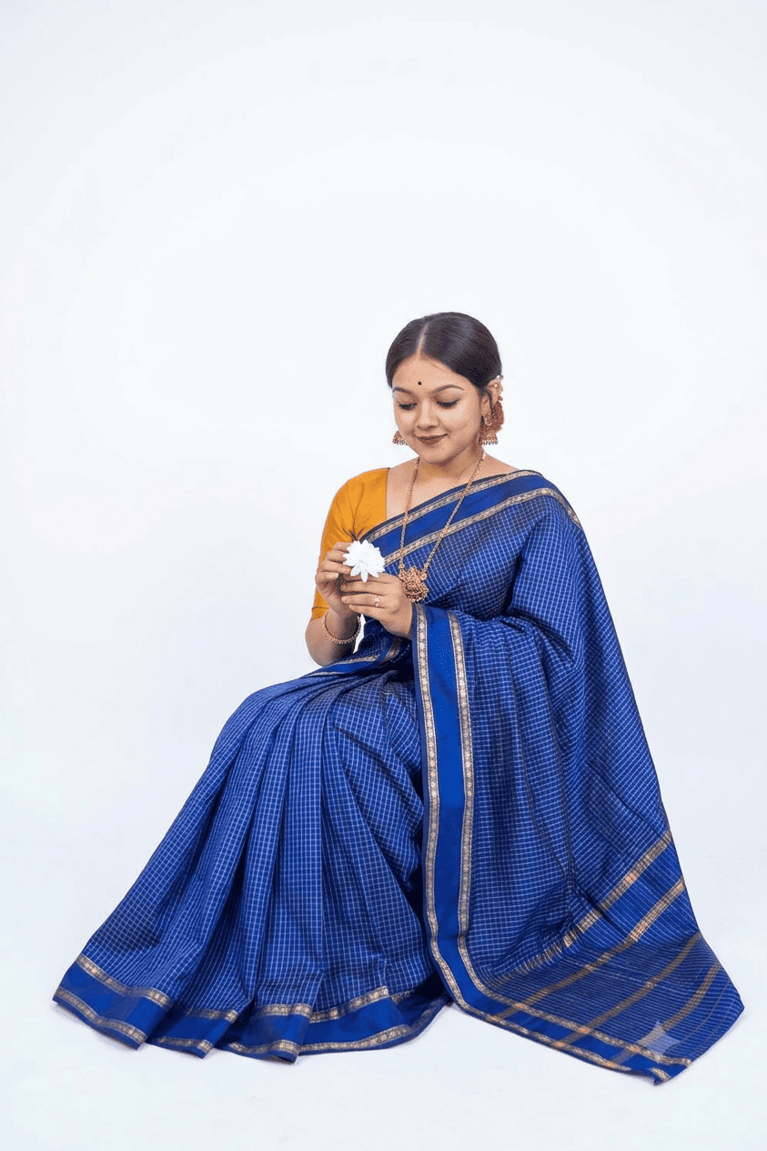 Elegant Blue Kalyani Silk Cotton Saree with All-Over Checks & Repeated Zari Border