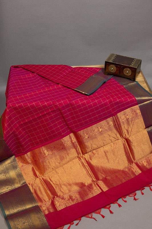 Chettinad Pure Cotton Handwoven Saree in Maroon with Green Border & Zari Pallu - swadeshsouq.com