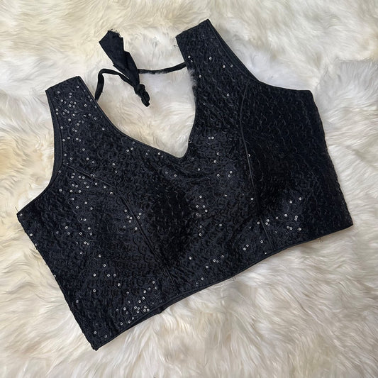 Classic Black Silk Designer Blouse with All - Over Sequins – Adjustable Fit (32 to 38) - swadeshsouq.com
