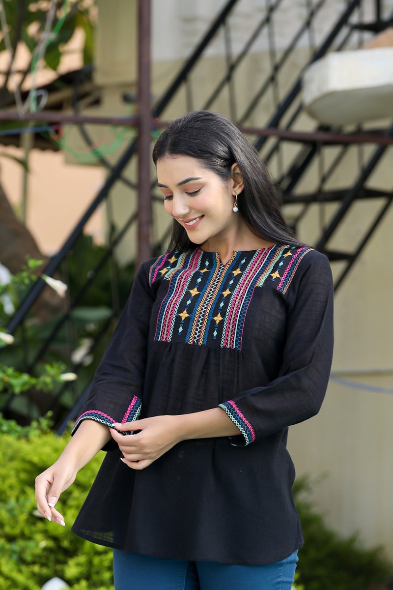 Classic Charm Black Solid Cotton Top - swadeshsouq.com