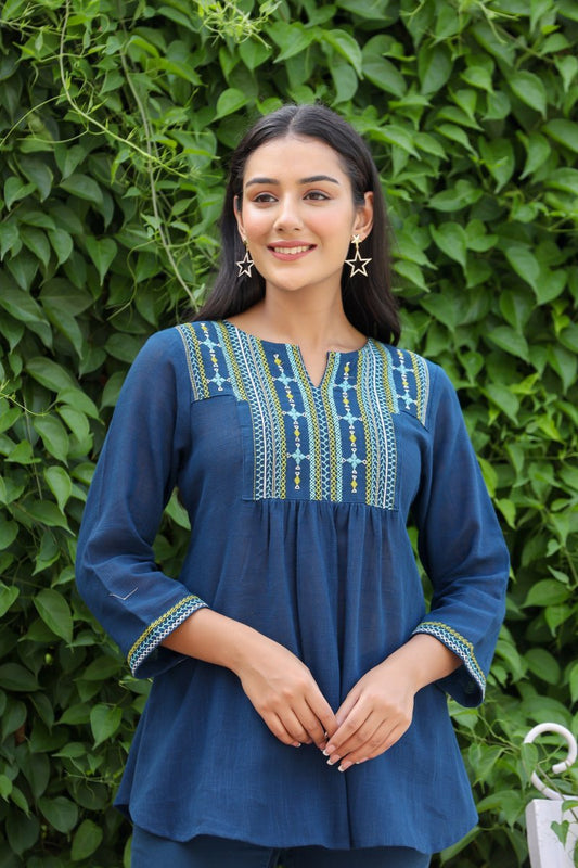 Classic Navy Blue Solid Cotton Top - swadeshsouq.com