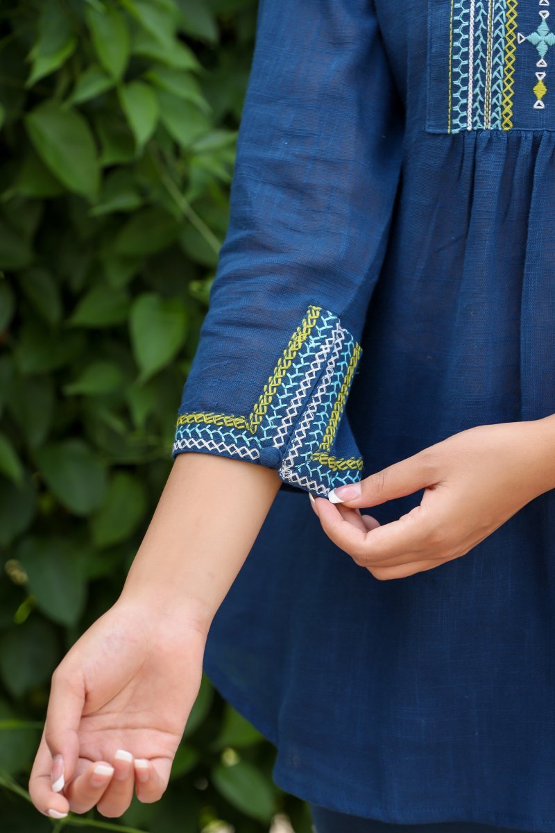 Classic Navy Blue Solid Cotton Top - swadeshsouq.com