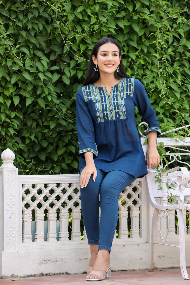 Classic Navy Blue Solid Cotton Top - swadeshsouq.com