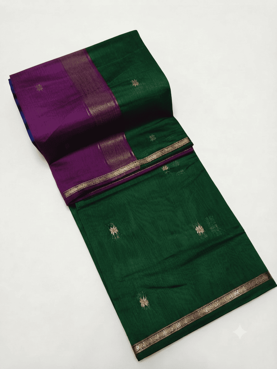 Elegant Green & Magenta Kalyani Cotton Saree with Star Buttis & Simple Zari Border