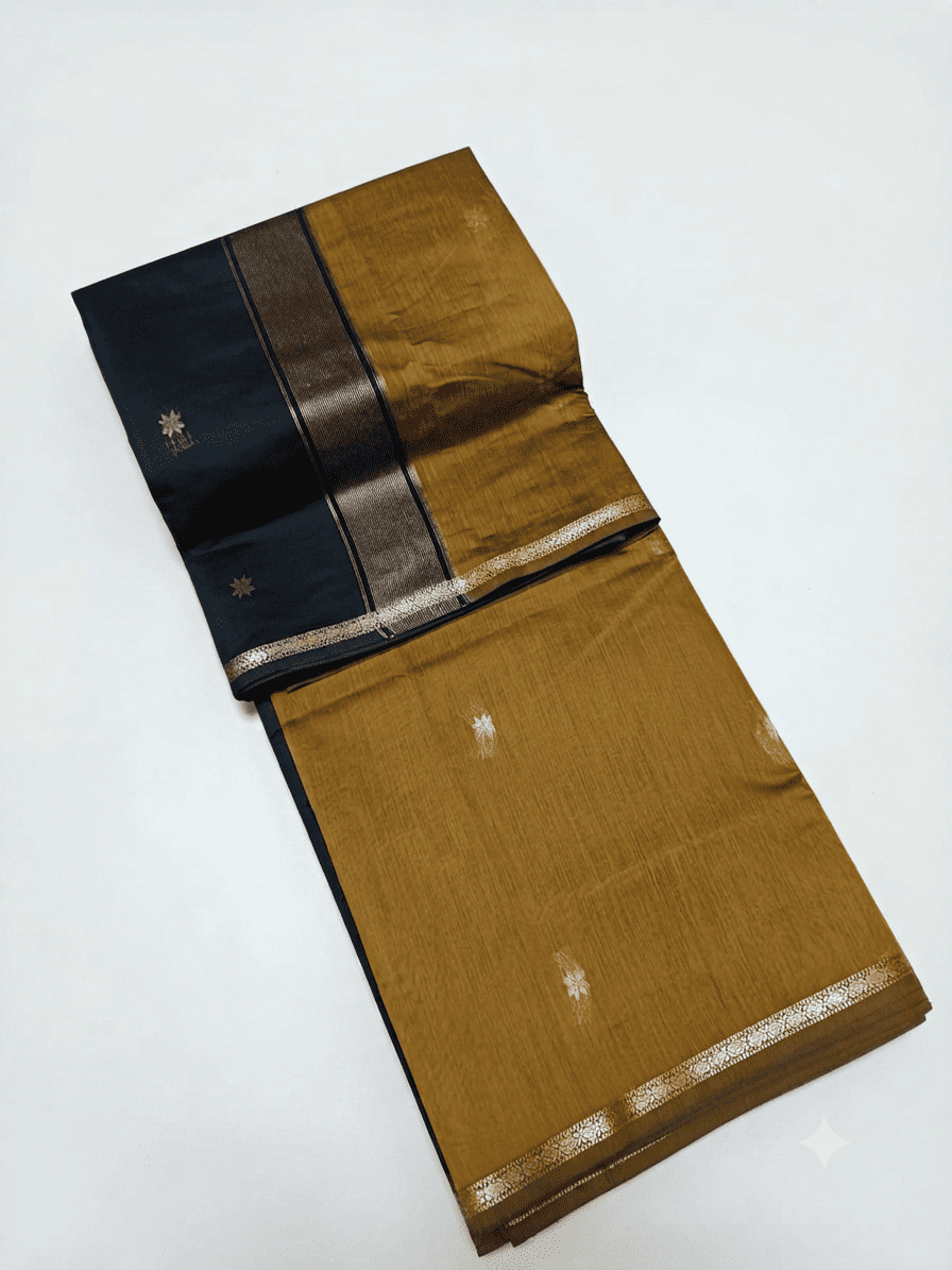 Elegant Mustard & Black Kalyani Silk Cotton Saree with Star Buttis & Intricate Zari Border