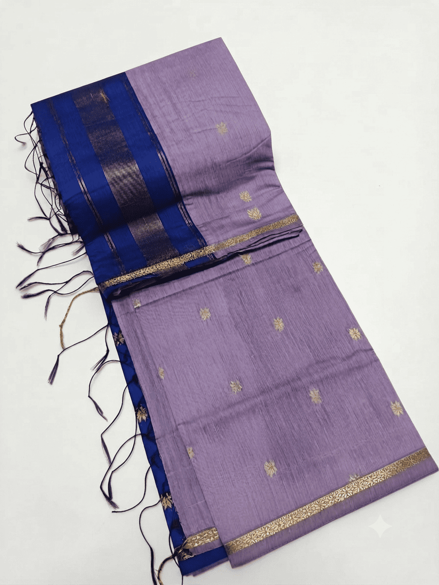 Elegant Lilac & Blue Kalyani Silk Cotton Saree with Star Buttis & Intricate Zari Border