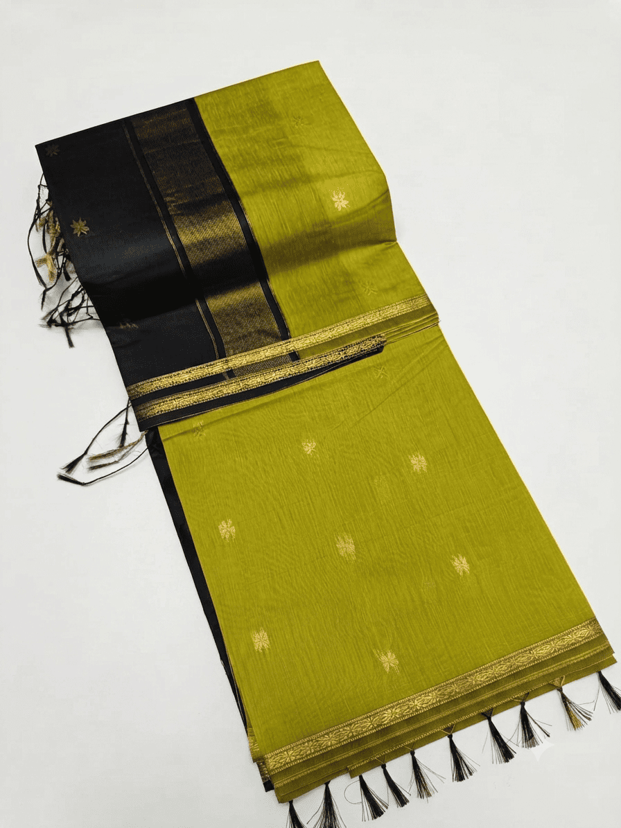 Elegant Lime Green & Black Kalyani Silk Cotton Saree with Star Buttis & Intricate Zari Border