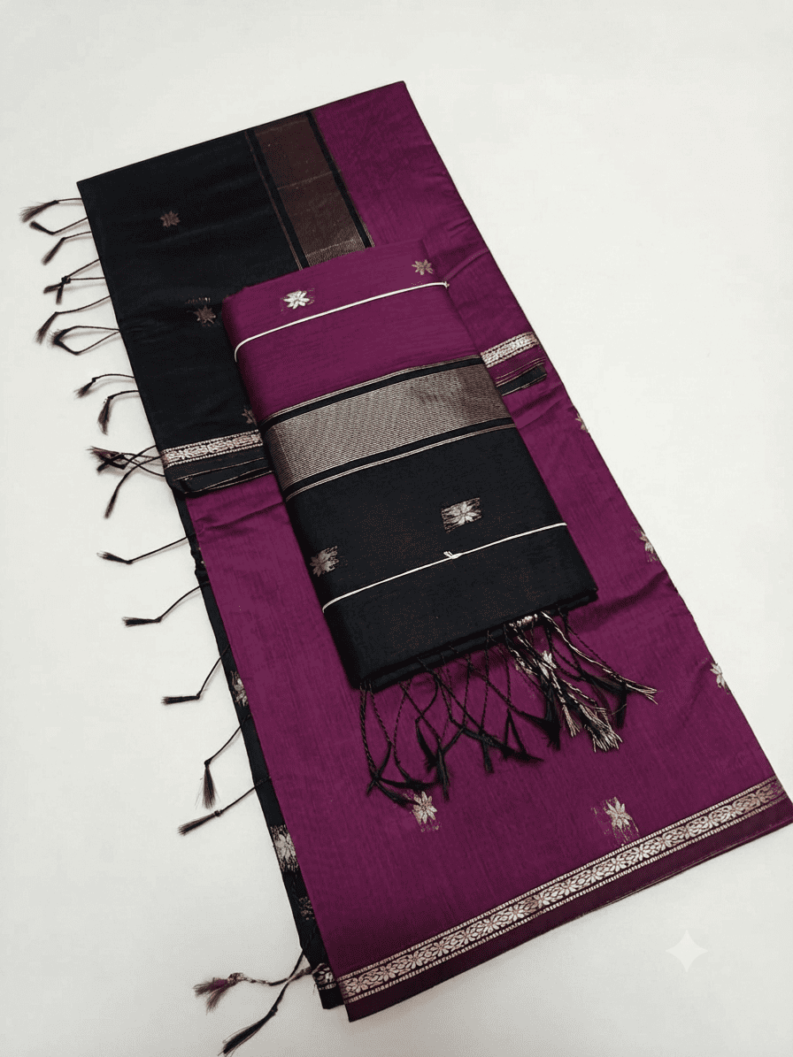 Elegant Wine & Black Kalyani Silk Cotton Saree with Intricate Zari Border & Star Buttis