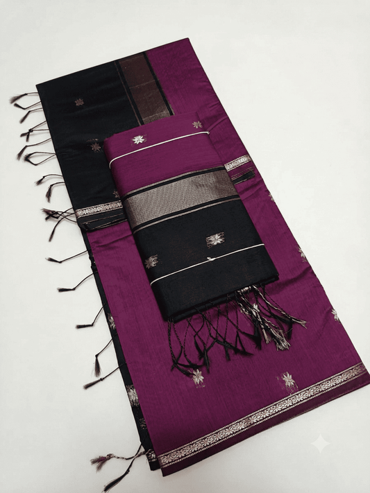 Elegant Wine & Black Kalyani Silk Cotton Saree with Intricate Zari Border & Star Buttis