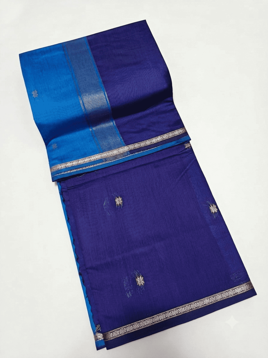 Elegant Violet & Blue Kalyani Silk Cotton Saree with Intricate Zari Border & Star Buttis