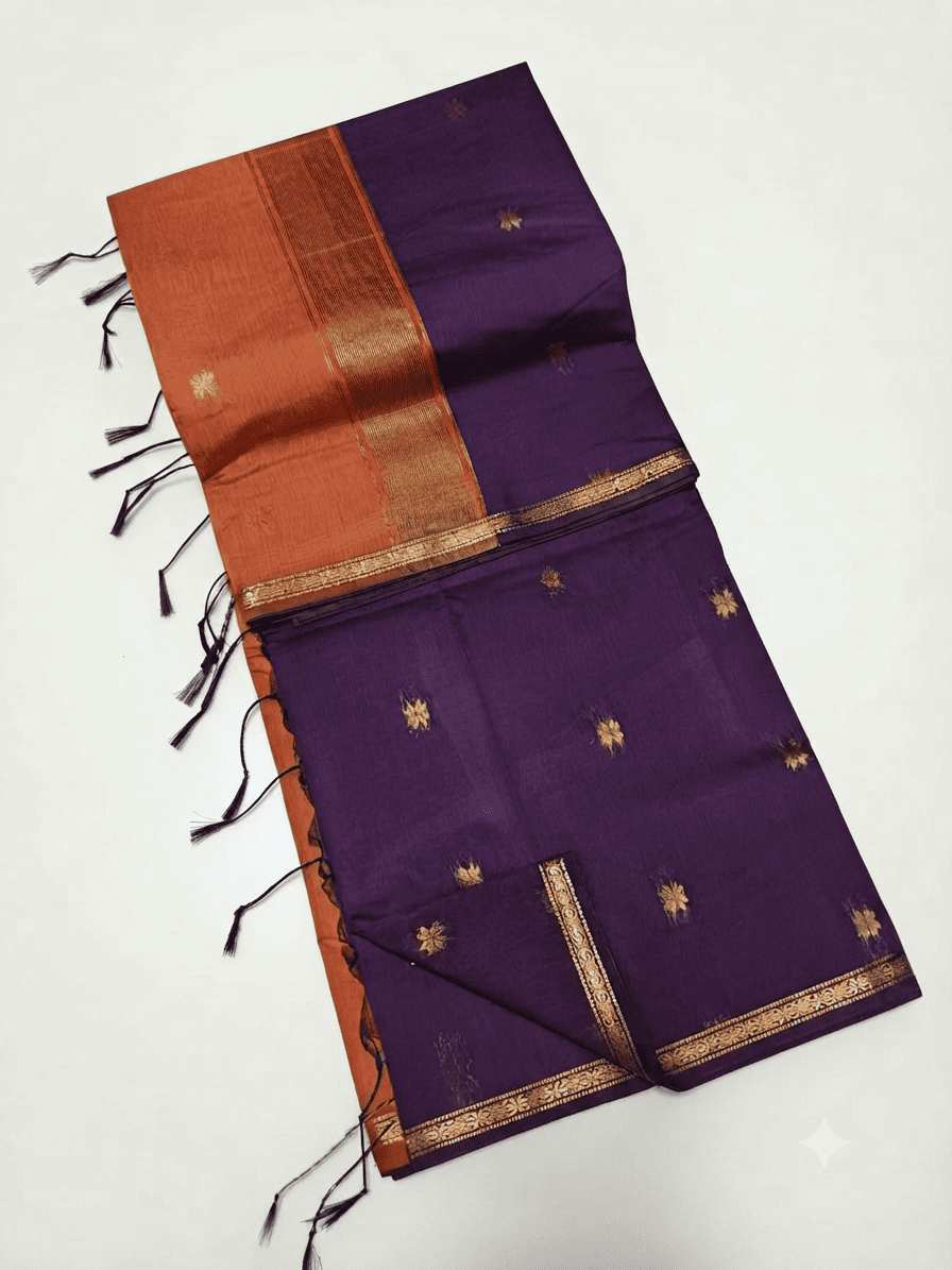 Royal Purple & Orange Kalyani Silk Cotton Saree with Elegant Star Buttis & Delicate Zari Border