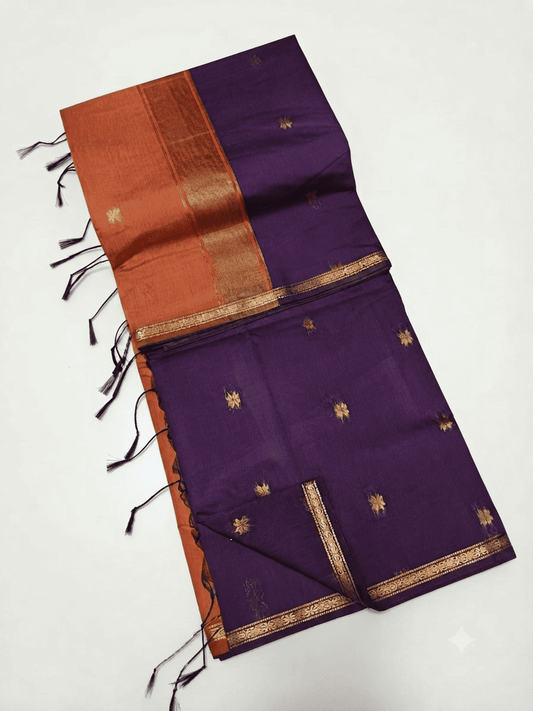 Royal Purple & Orange Kalyani Silk Cotton Saree with Elegant Star Buttis & Delicate Zari Border