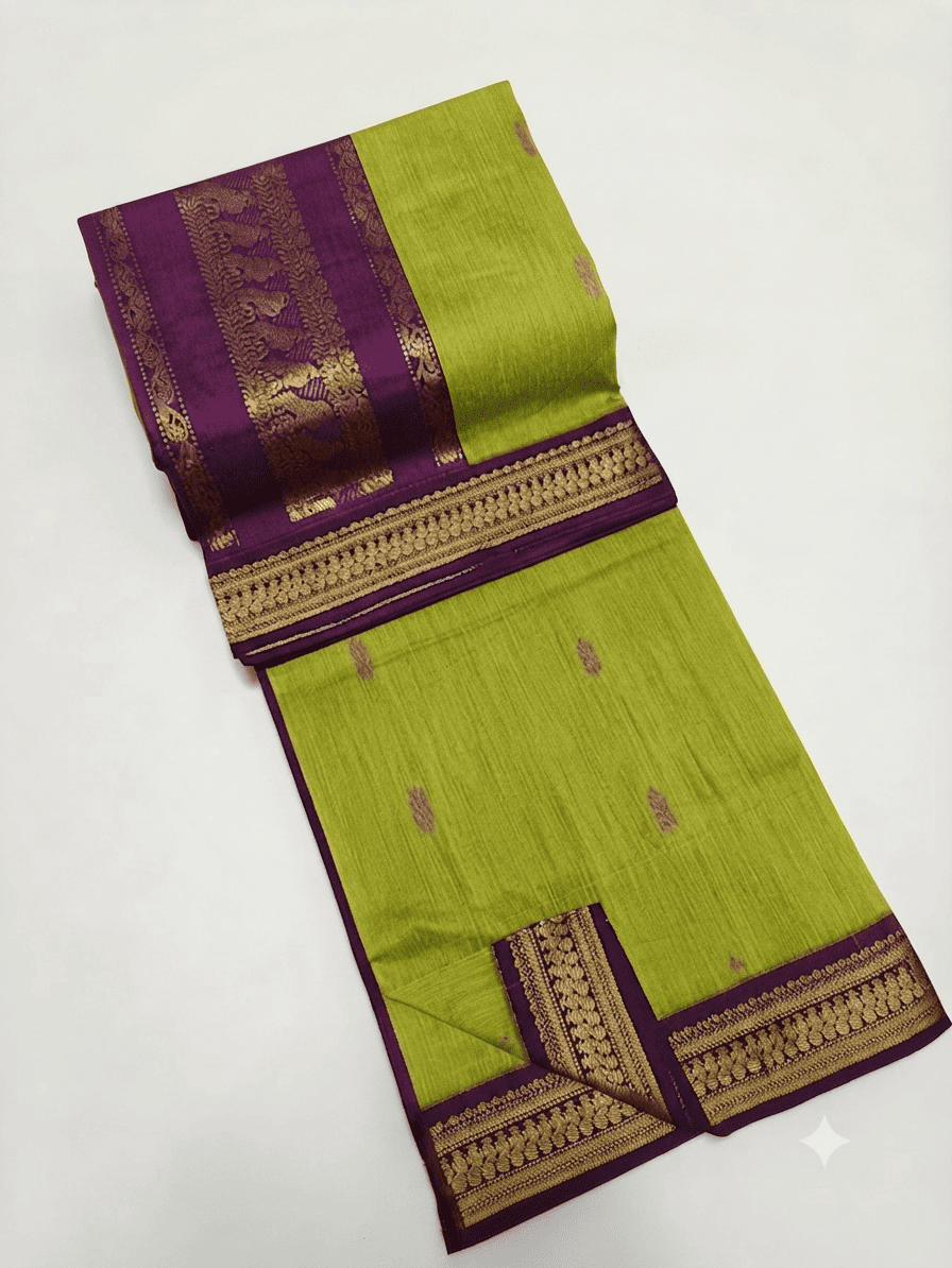 Graceful Lime Green & Purple Kalyani Cotton Saree with Pure Zari Woven Border & Thread Buttis