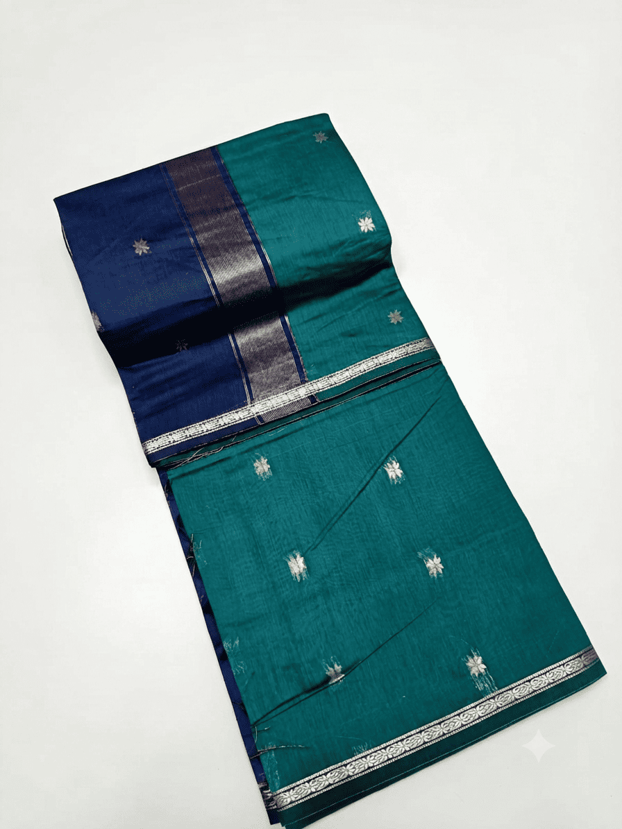 Majestic Dark Peacock Blue & Navy Blue Kalyani Silk Cotton Saree with Elegant Star Buttis & Intricate Zari Border