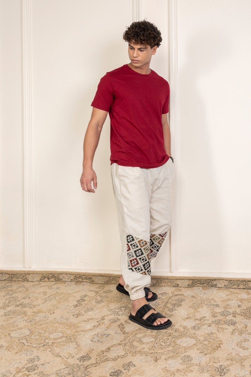 Cream Cotton Pants with Patchwork for Men – Soft, Breathable Lounge Wear | Regular Fit | Artistic Bottom Detailing - swadeshsouq.com