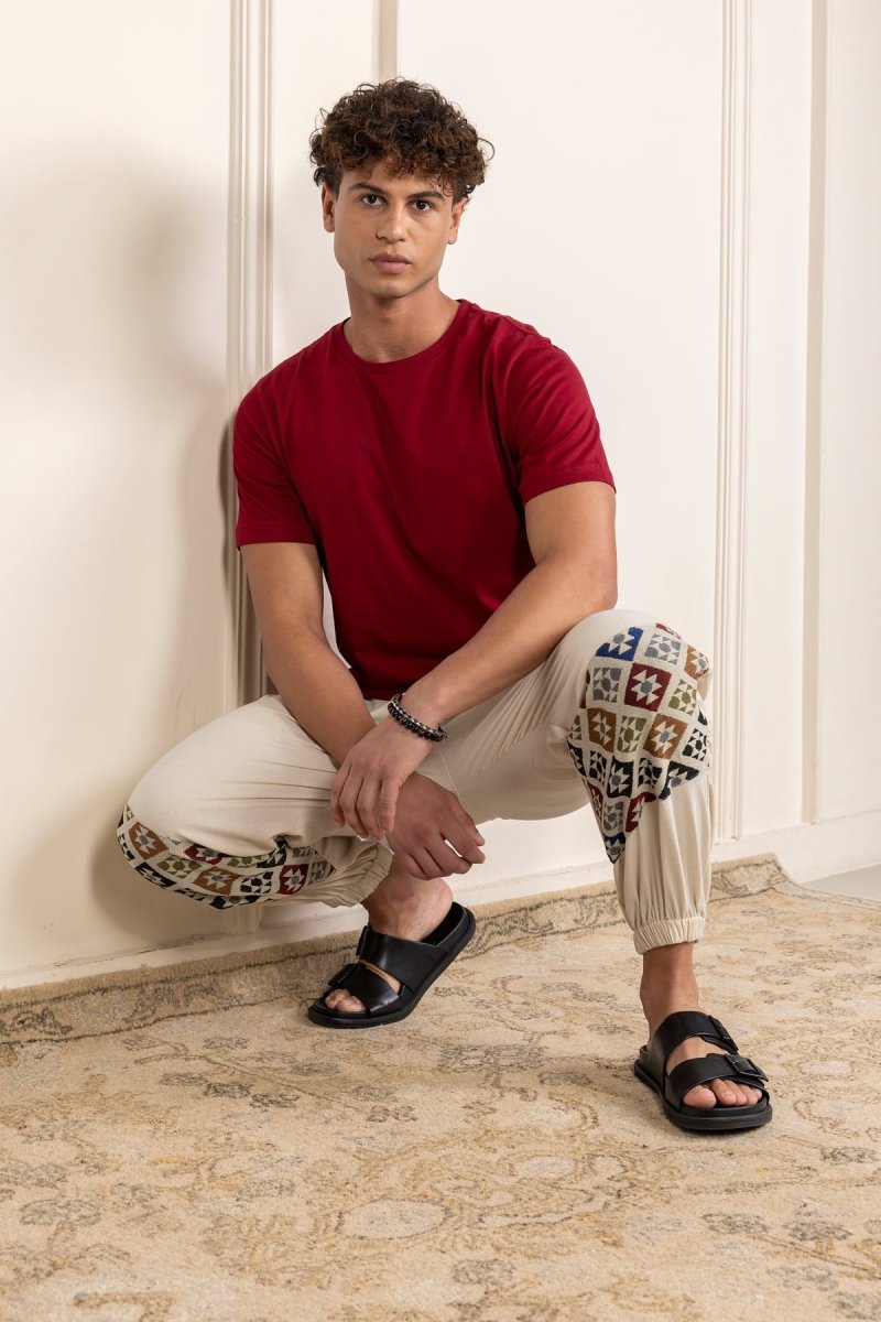 Cream Cotton Pants with Patchwork for Men – Soft, Breathable Lounge Wear | Regular Fit | Artistic Bottom Detailing - swadeshsouq.com