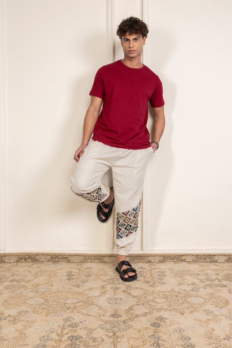 Cream Cotton Pants with Patchwork for Men – Soft, Breathable Lounge Wear | Regular Fit | Artistic Bottom Detailing - swadeshsouq.com